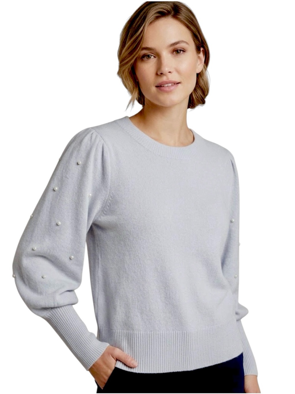 CeCe Light Blue Pearl Embellished Puff Sleeve Crewneck Knit Sweater Size Large